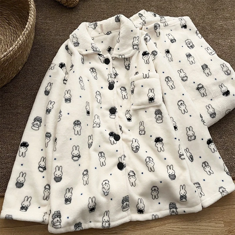 法兰绒秋冬睡衣女加绒加厚保暖厚款甜美米菲兔可爱卡通家居服套装