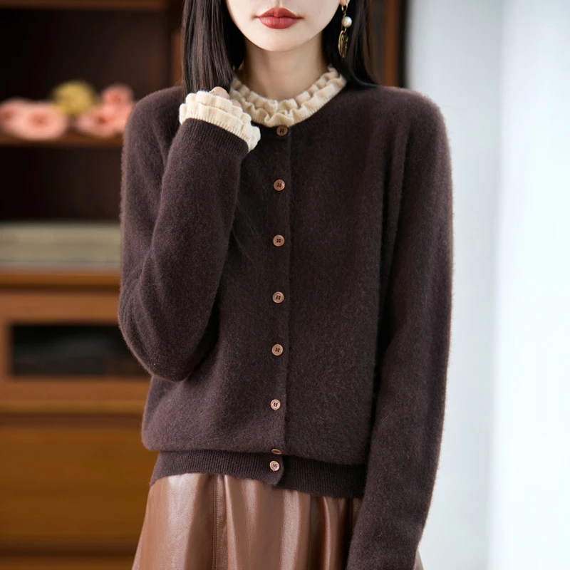 芙蓉不及美人妆~秋冬新款100羊绒木耳边领长袖百搭羊绒开衫