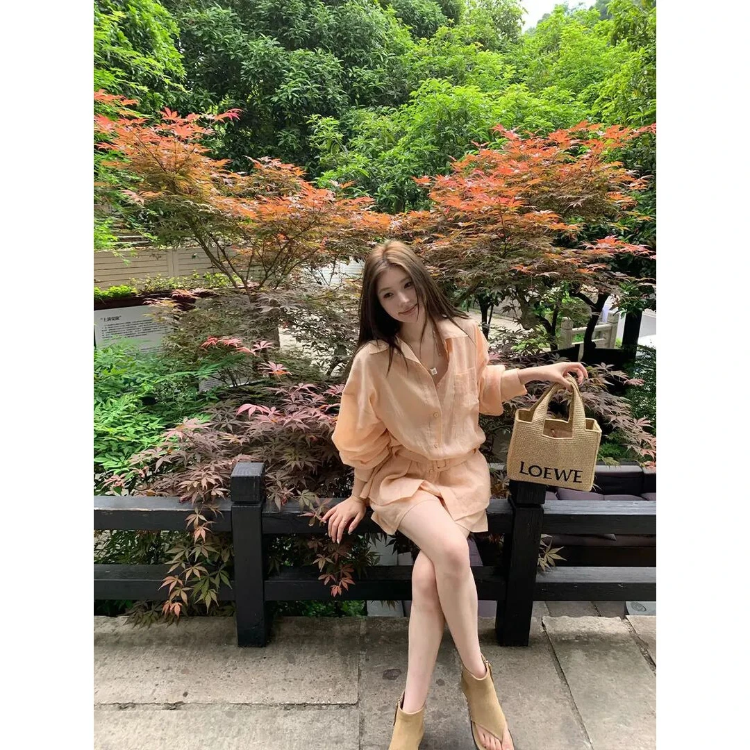 财阀千金女装长袖衬衫女2025春夏季薄款防晒衣高腰显瘦休闲短裤