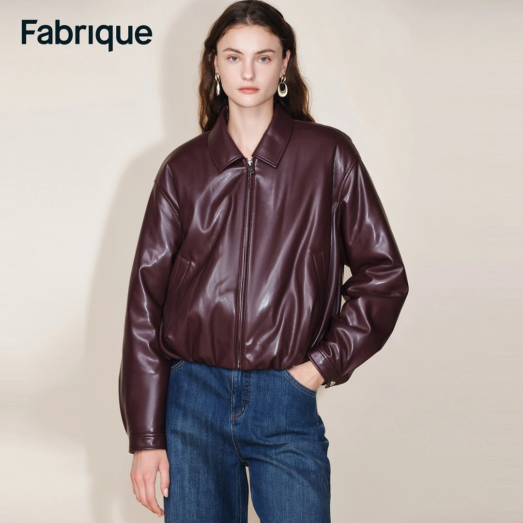 Fabrique Sienna 秋冬新品波尔多红花苞型短款蛋白皮夹克棉服外套