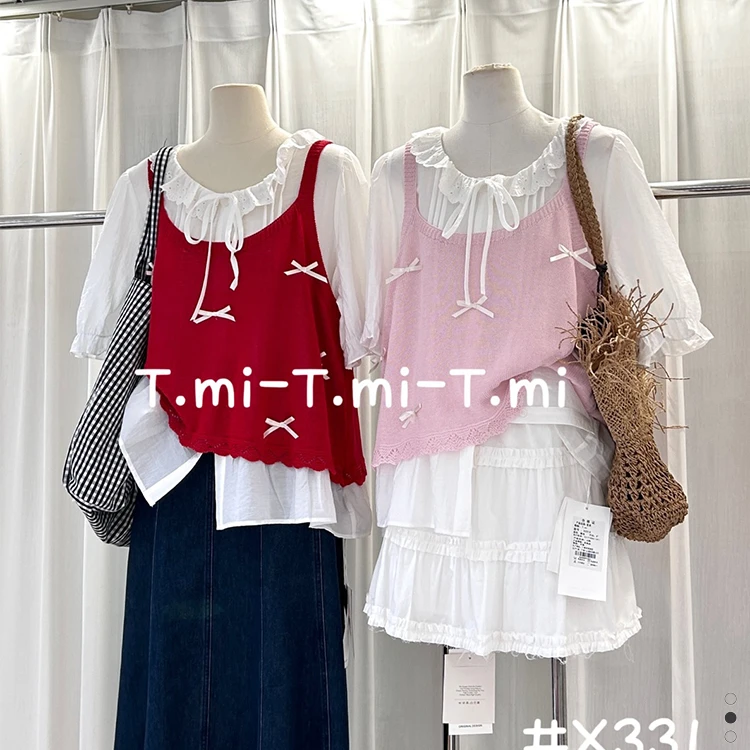 Tmi X331大码夏季蝴蝶结针织吊带套装女宽松显瘦百搭时尚背心上衣