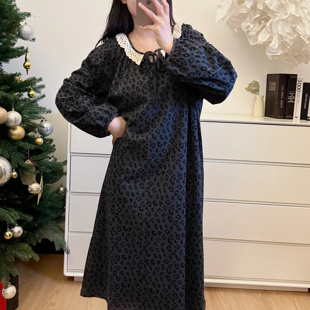 秋季纯棉豹纹睡裙长袖宽松显瘦过膝可外穿睡衣女韩系甜美家居服
