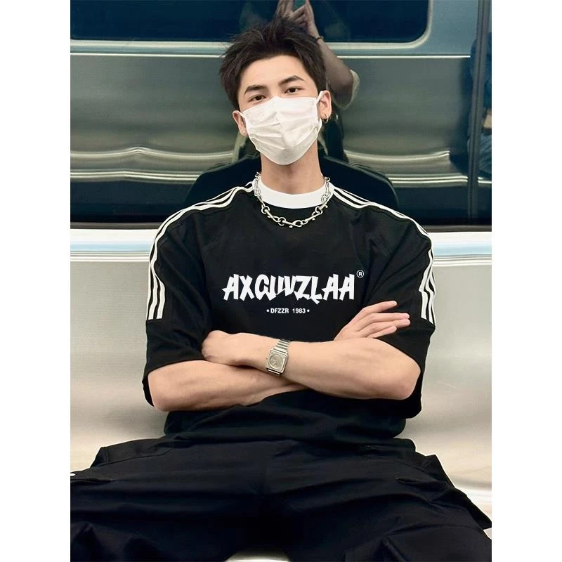 美式百搭宽松简约字母印花三条杠重磅纯棉短袖t恤男夏季大码上衣