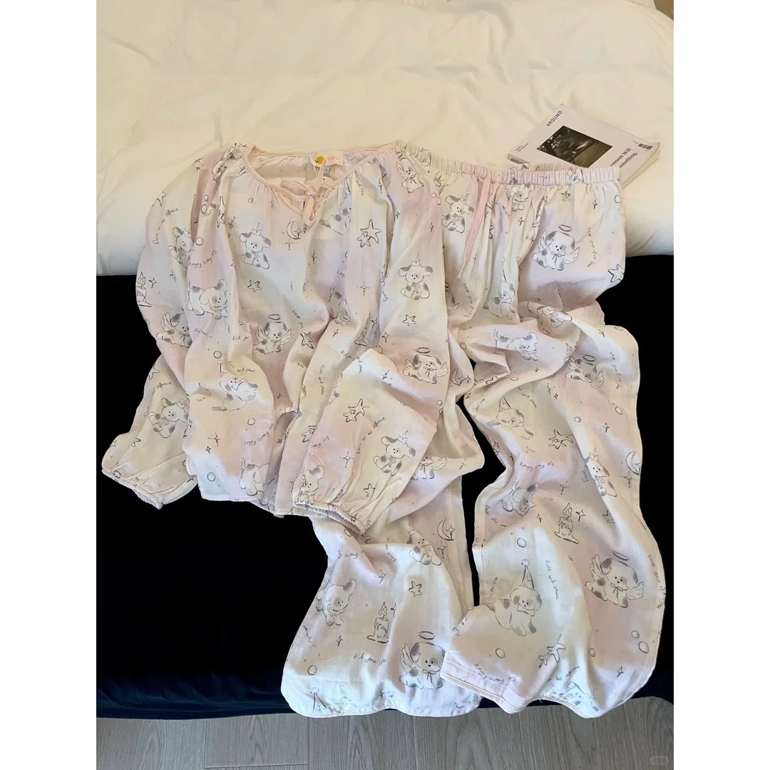 日系甜美少女可爱奶色小狗睡衣女春秋新款大码长袖长裤套装家居服