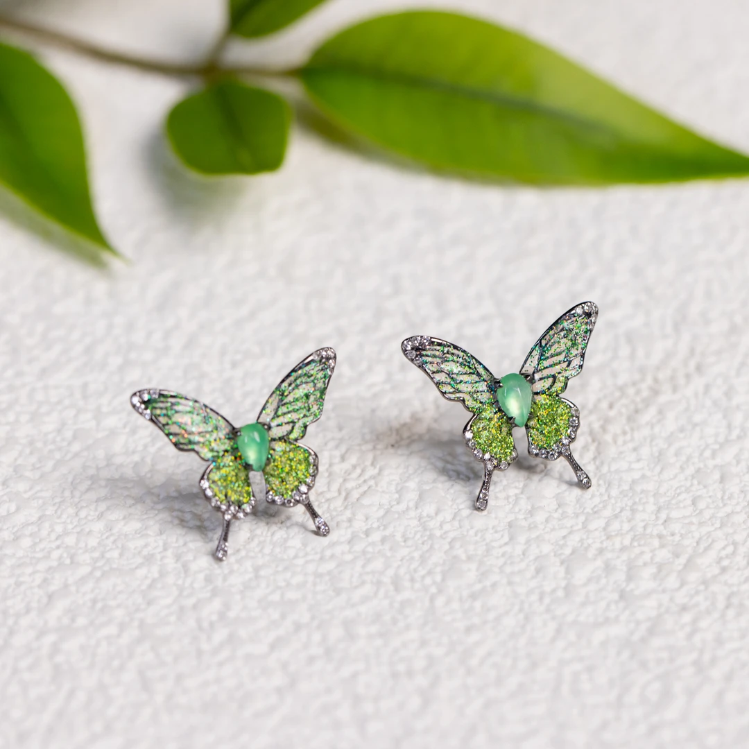钦点耳饰-18K天然翡翠-绿蝴蝶耳钉-3800+380