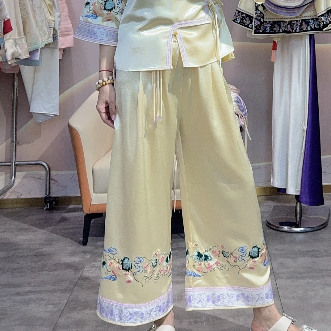 深圳南油高品重工刺绣新中式阔腿裤长裤子女