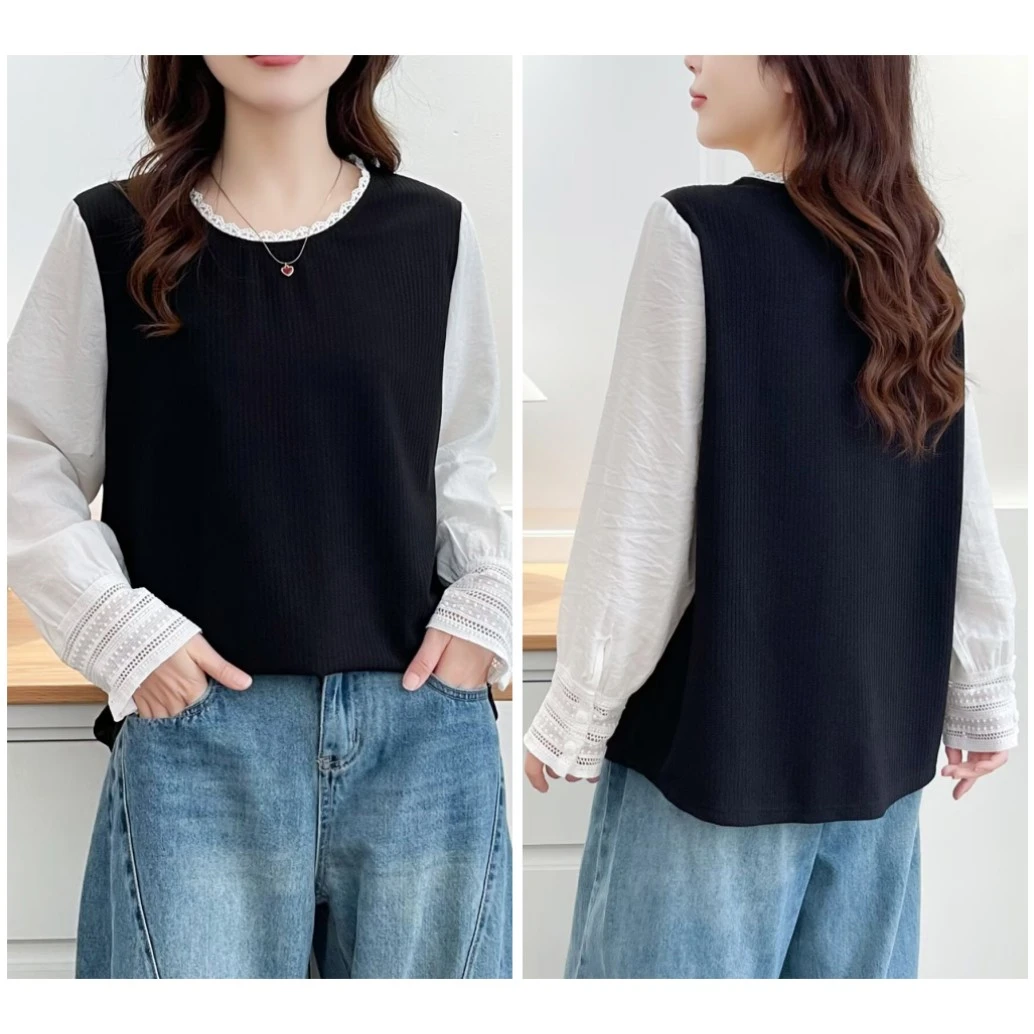 115-200斤大码女装胖mm秋装新款遮肚藏肉减龄显瘦拼色衬衫袖上衣