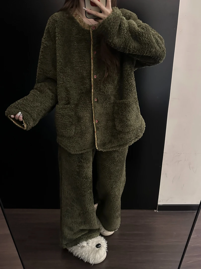 新中式国风高级感简约珊瑚绒睡衣女秋冬加厚保暖家居服套装可外穿