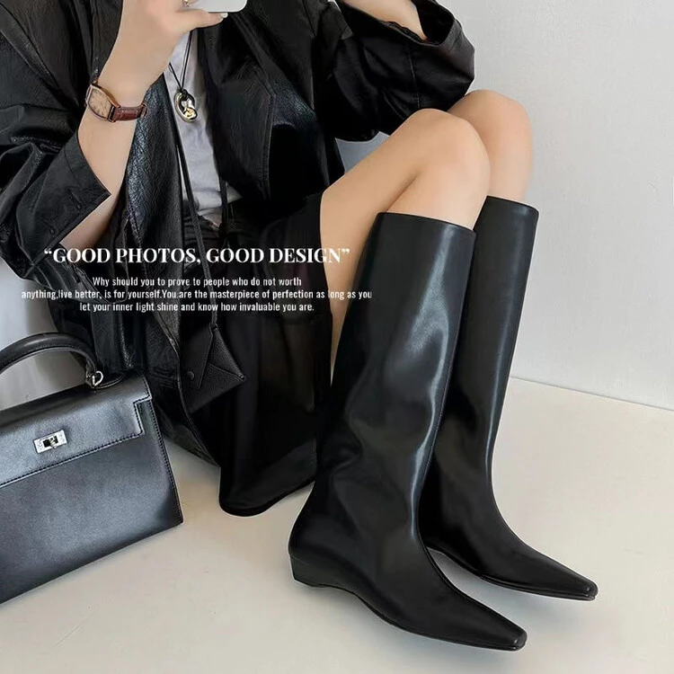 米兰~轻奢高定！法式气质2CM低跟瘦瘦长筒靴女小方头小个子高筒靴