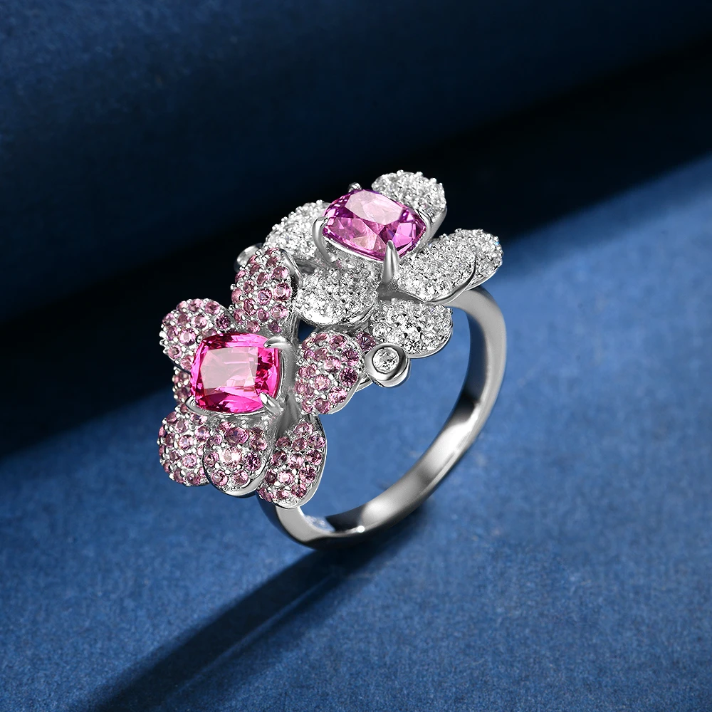 培育蓝宝石R4353【双花】满镶紫粉双色渐变色时尚轻奢花花戒指