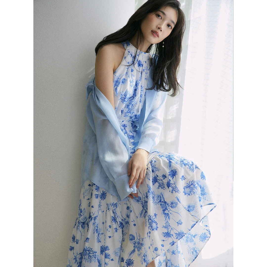 【MonTendre】F 夏季新款 小众时尚气质挂脖圆领褶皱花卉印花连衣裙