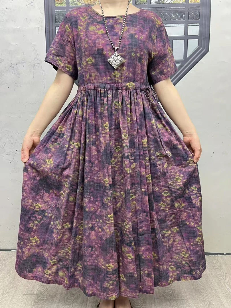 019夏季长款短袖文艺复古民族风显瘦大摆连衣裙宽松