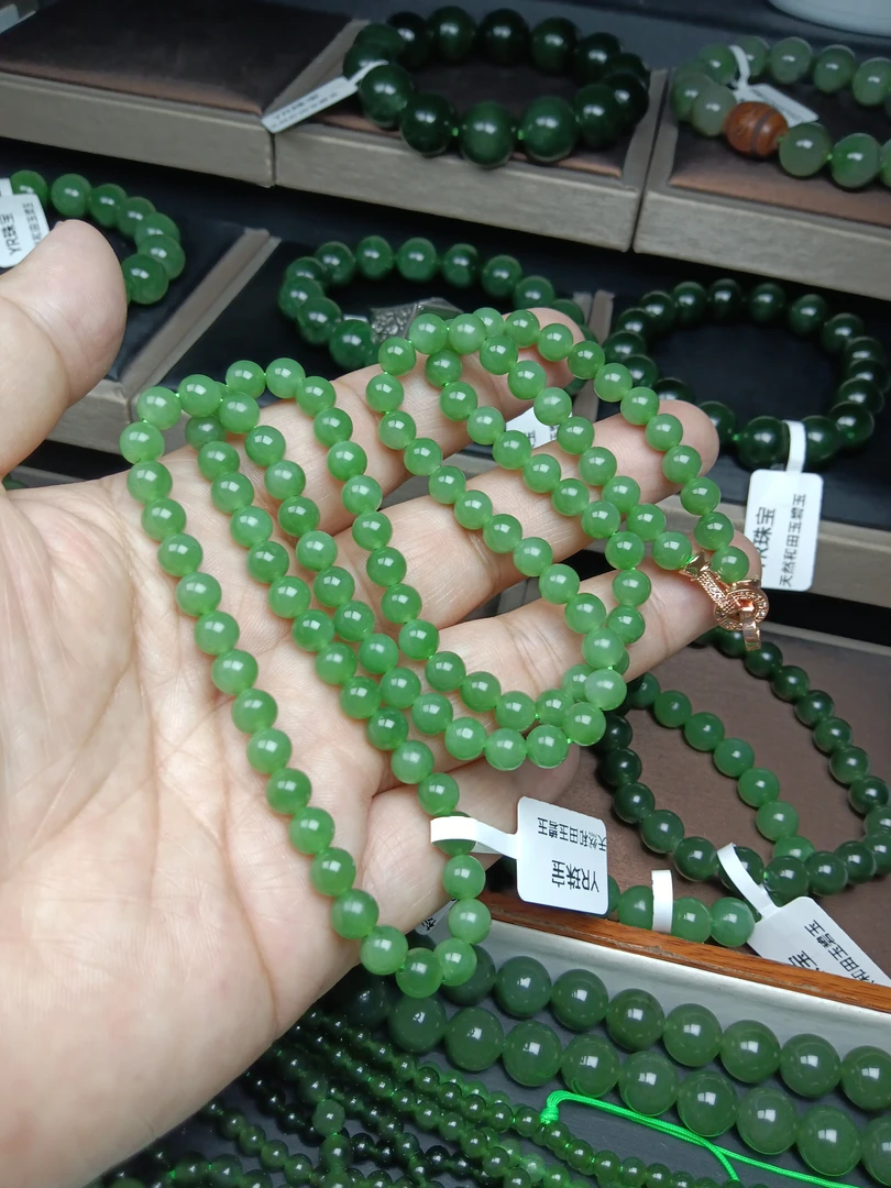 和田玉碧玉苹果绿6mm项链