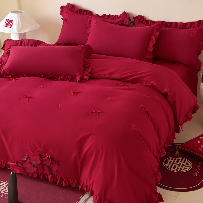 高档刺绣水洗棉结婚床上四件套婚房喜被高级感床单婚庆大红色被套