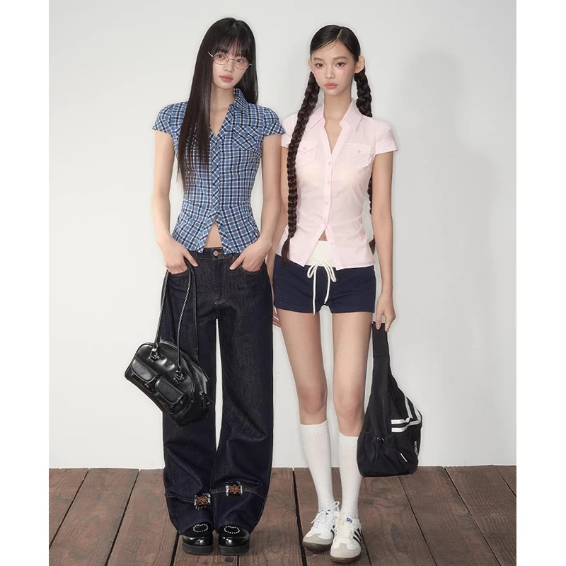 番茄妹妹Tomatosister韩系掐腰修身显瘦短袖口袋收腰气质衬衫上衣