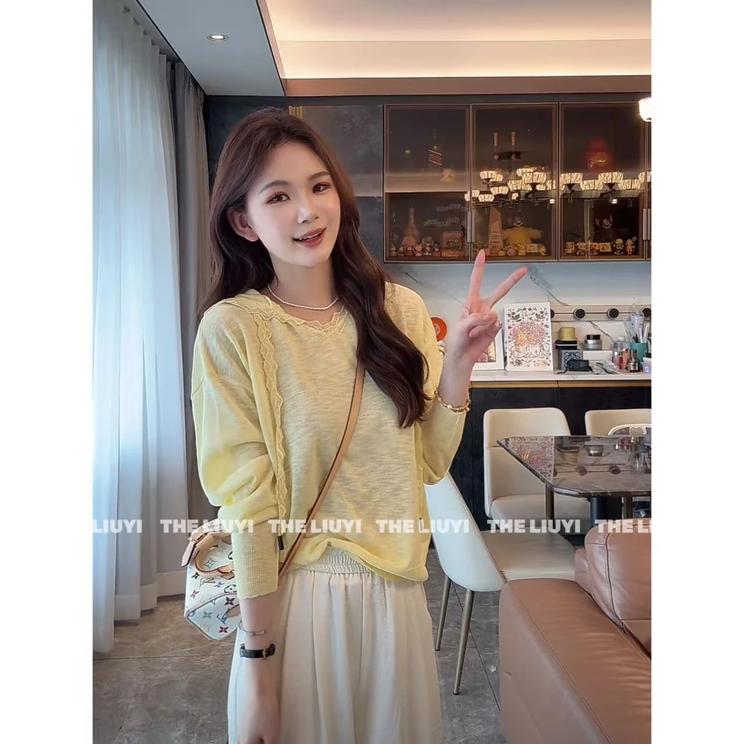 【LIUYI】小美好~夏季凉感蕾丝花边连帽针织上衣54053