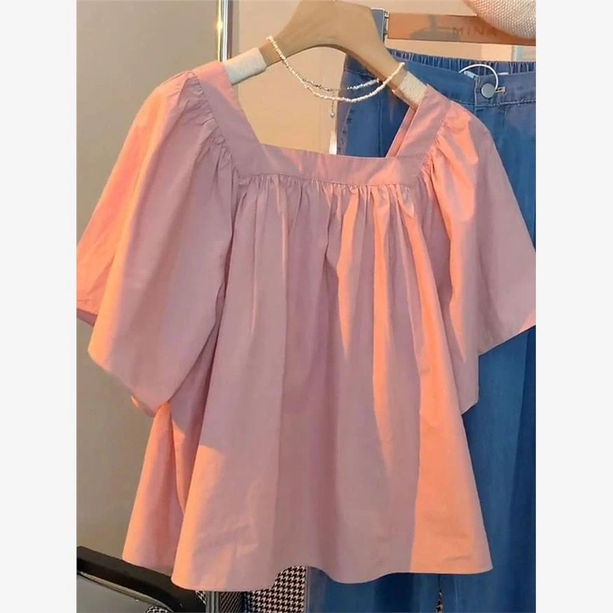 法式泡泡袖短袖雪纺衫女宽松显瘦甜美时尚独特短款上衣设计感小众