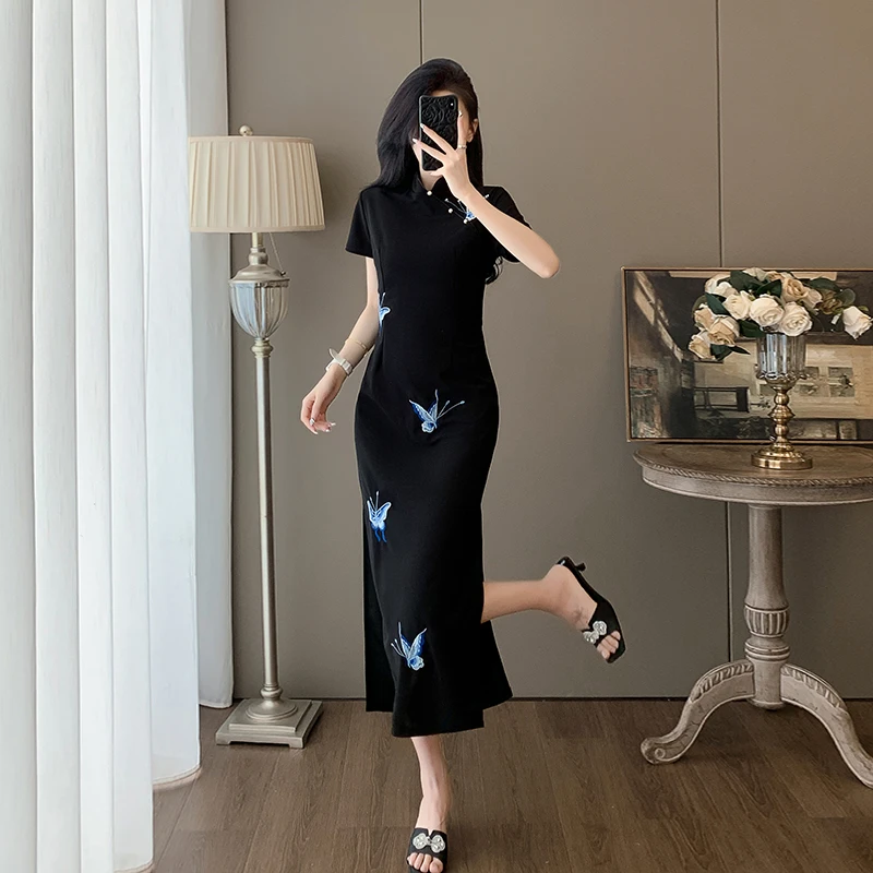 国风新中式连衣裙复古黑高级感气质旗袍裙显身材2025夏季贵气穿搭