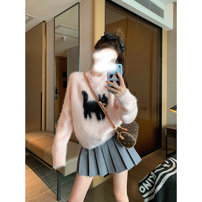 时尚洋气粉色圆领毛衣女装2025早秋季穿搭新款慵懒内搭针织衫上衣