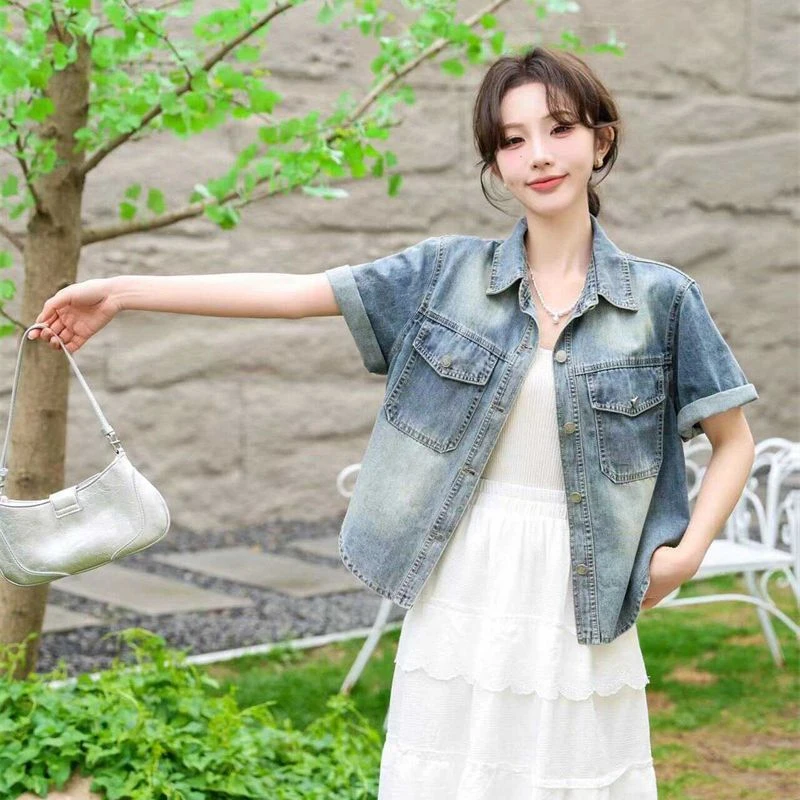 夏季设计复古百搭水洗蓝短款外套小个子短袖上衣宽松薄款牛仔衬衫