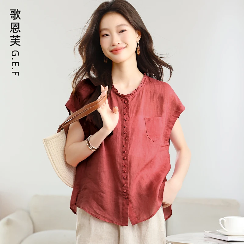 高端苎麻衬衫女夏2025新款棉麻上衣休闲洋气减龄妈妈气质短袖小衫