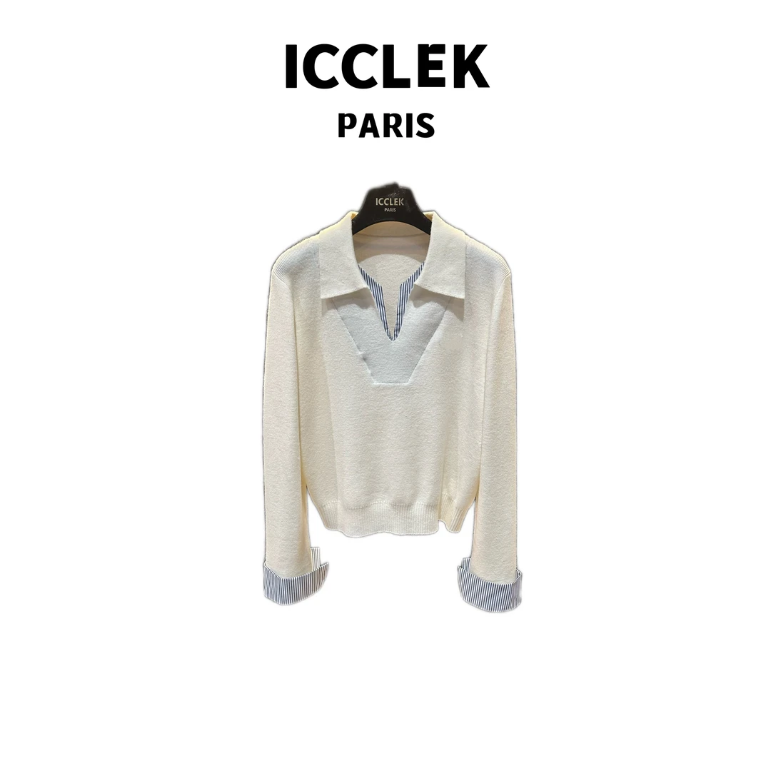 ICCLEK 秋冬新款白色V领假两件长袖针织衫轻奢套头上衣 - 9313