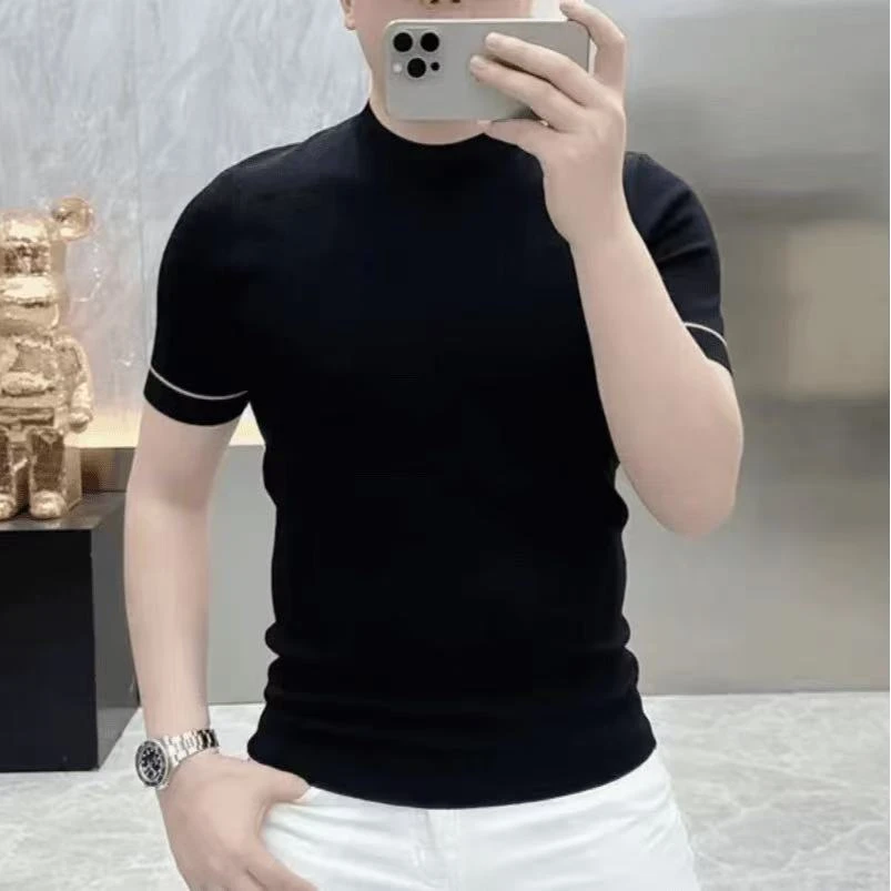 春夏季爆款男士短袖针织衫条纹撞色提花透气休闲弹力修身夏天上衣