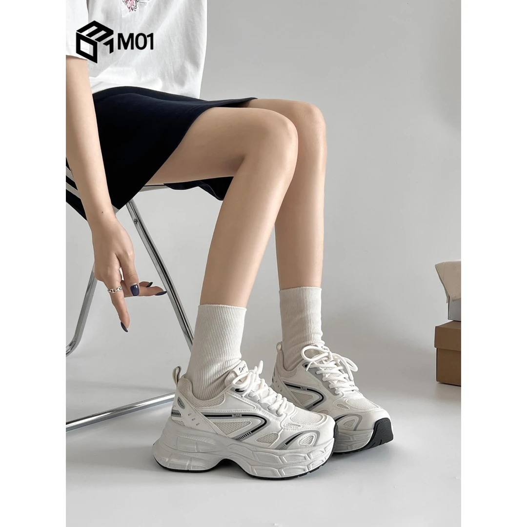 M01爆款百搭厚底老爹鞋女小个子显高新款夏季网面白色休闲运动鞋