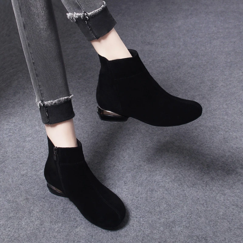 2645冬季新款羊皮洋气小短靴女款秋平底靴子女绒面真皮女士马丁靴