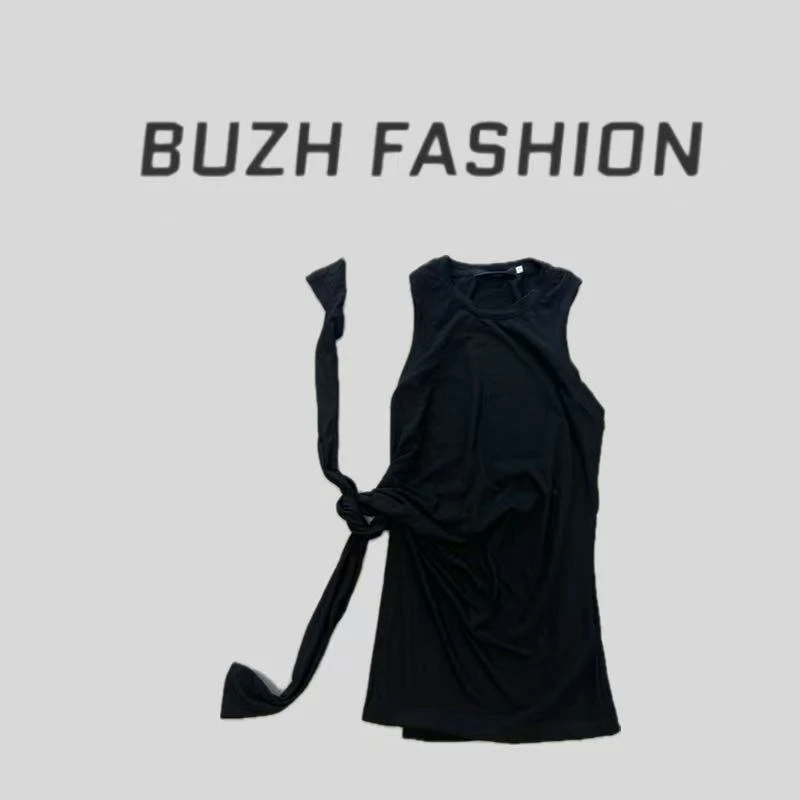 BUZH夏季新款时髦小众设计感不规则绑带收腰开叉辣妹款可外穿背心