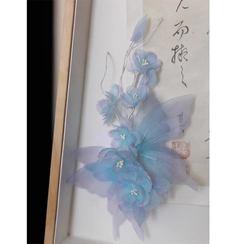 古风汉服真丝烫花蝴蝶发夹凌烟仙气绢纱花朵发饰对夹少女超仙配饰