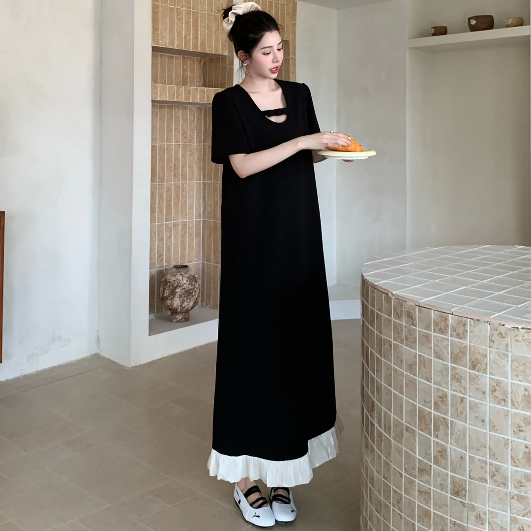 2025夏新款/减龄荷叶边下摆镂空连衣裙胖mm宽松气质裙子显瘦长裙