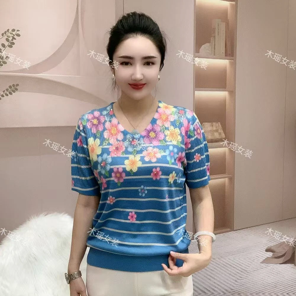 龙源蝶秀重工烫钻百搭3D蜡染新款百搭天丝亚麻衫3683
