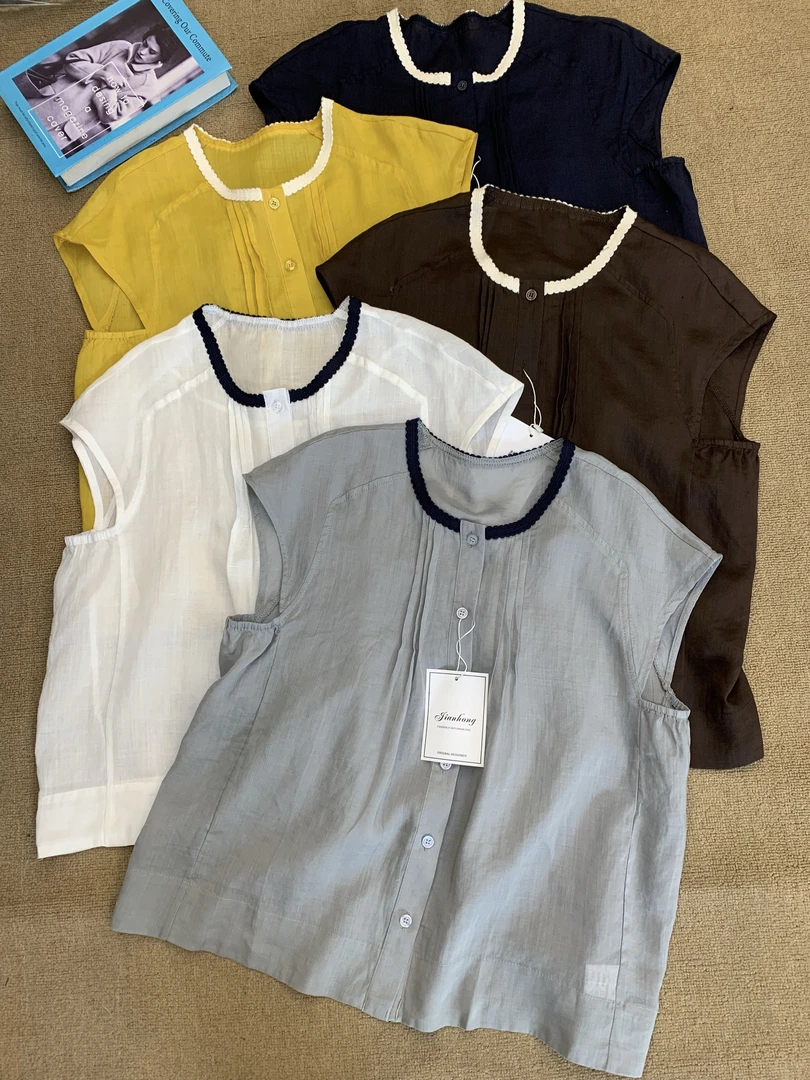 有运费补贴2025年夏季新款时尚拼色圆领短袖褶皱衬衫女上衣