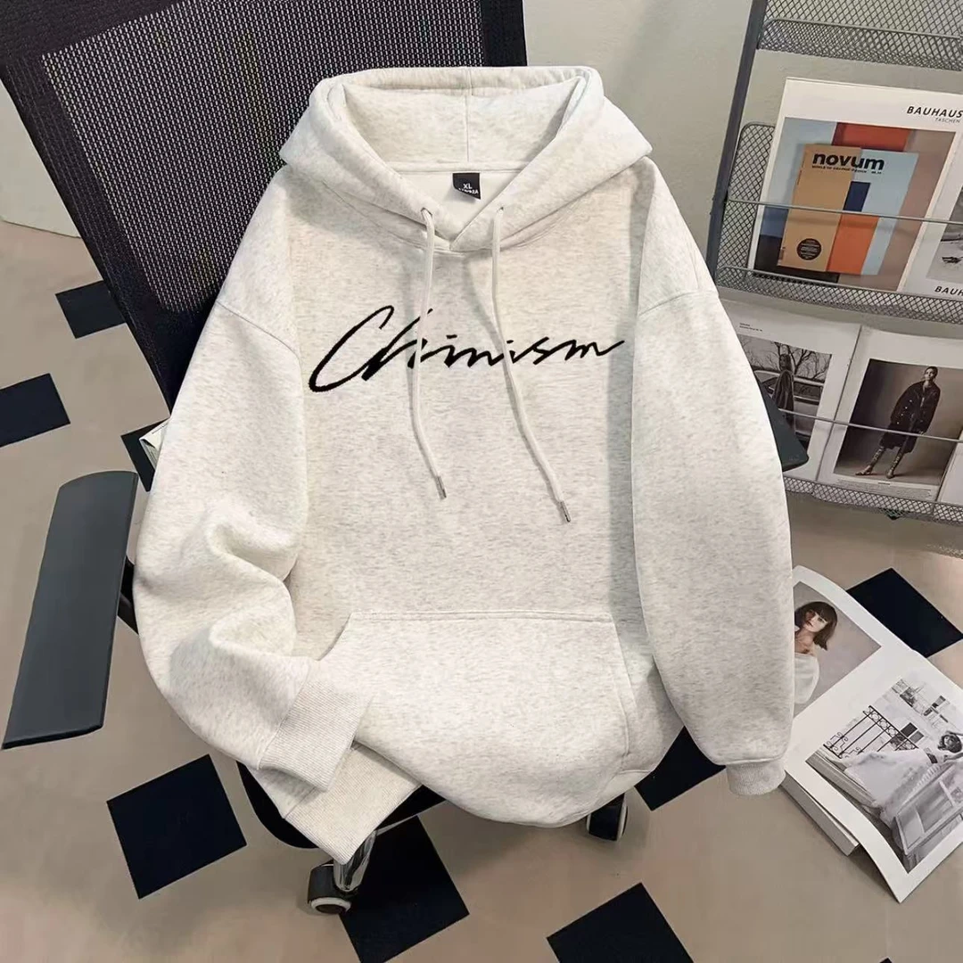 韩版纯棉印花银狐绒保暖男士秋冬加绒潮流中性连帽卫衣女长袖外套