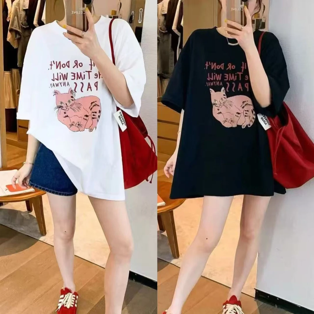 9035夏季新款韩版猫咪字母前后印花薄款圆领大版短袖T恤女