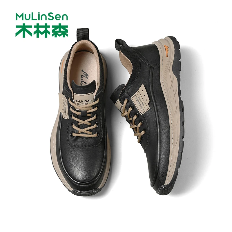 木林森休闲皮鞋2025秋季新款黑色老爹鞋男款轻便软底防滑运动男鞋