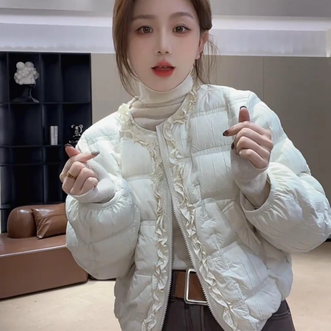 2025冬季新款女士韩系圆领荷叶边棉服宽松百搭保暖短外套棉衣