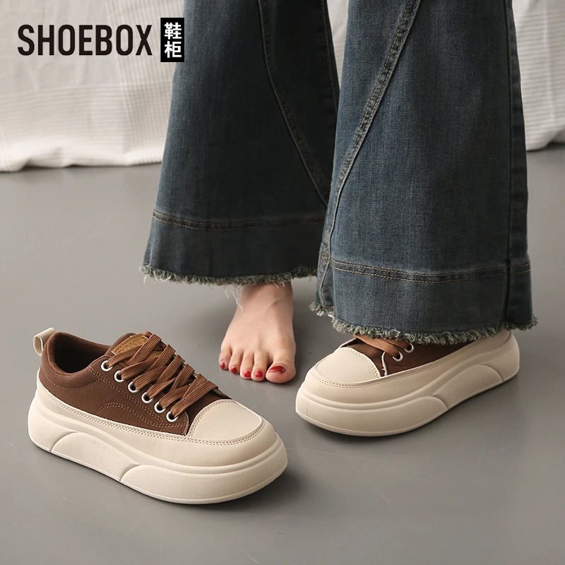 SH0EBOX鞋柜踩屎感皮面运动鞋女2025新款秋季休闲鞋防滑轻便板鞋