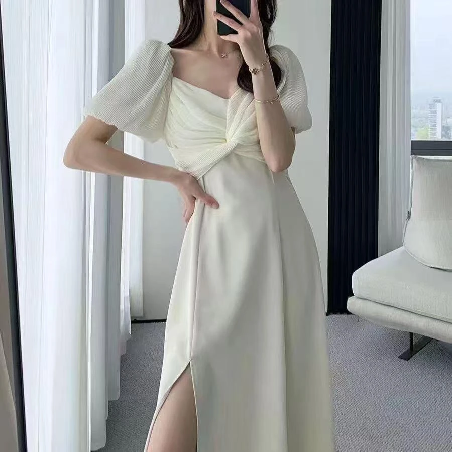 笑-夏季方领大摆连衣裙夏季温柔时尚修身方领长裙