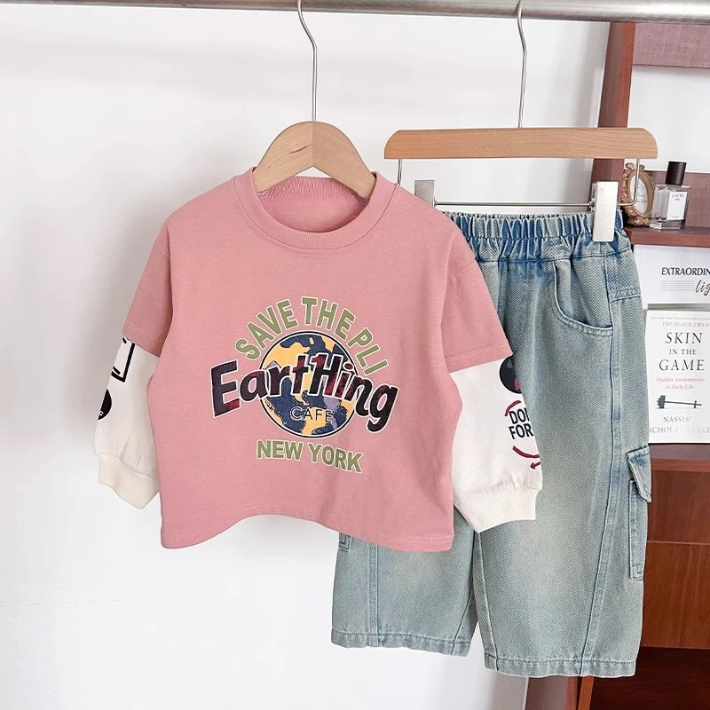 男童长袖T恤春秋新款儿童韩版洋气打底衫宝宝卡通假两件上衣纯棉