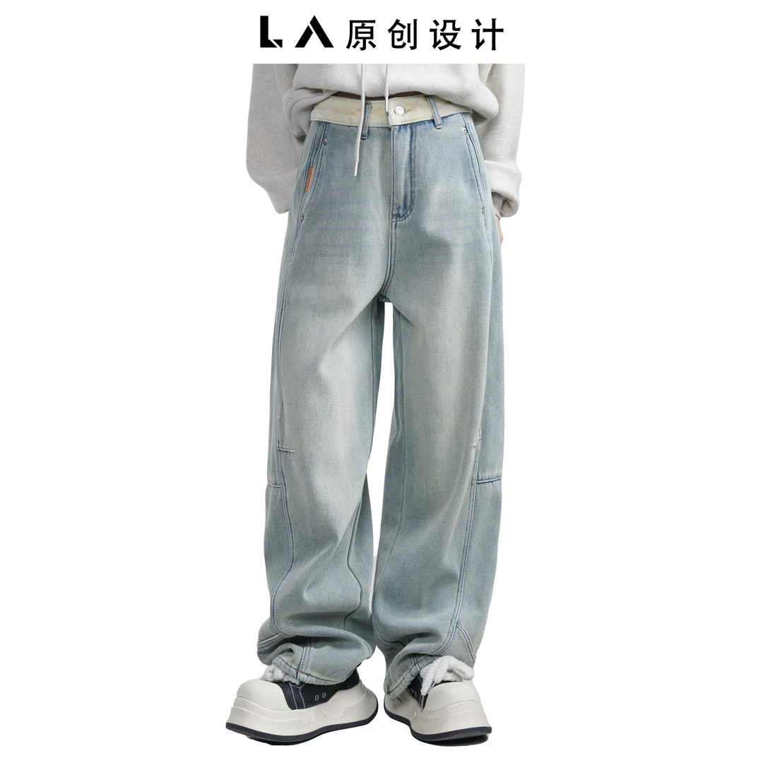 LA原创【FAE28015】冬款加绒拼接腰头设计感水洗牛仔裤