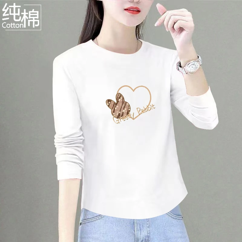 纯棉白色长袖春秋款新款宽松时尚百搭休闲洋气显瘦遮肉女士打底衫