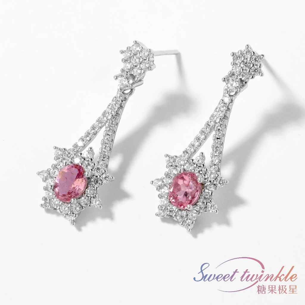 温柔粉碧玺粉羽芳登耳饰耳坠耳钉 S925银镀金【现货】