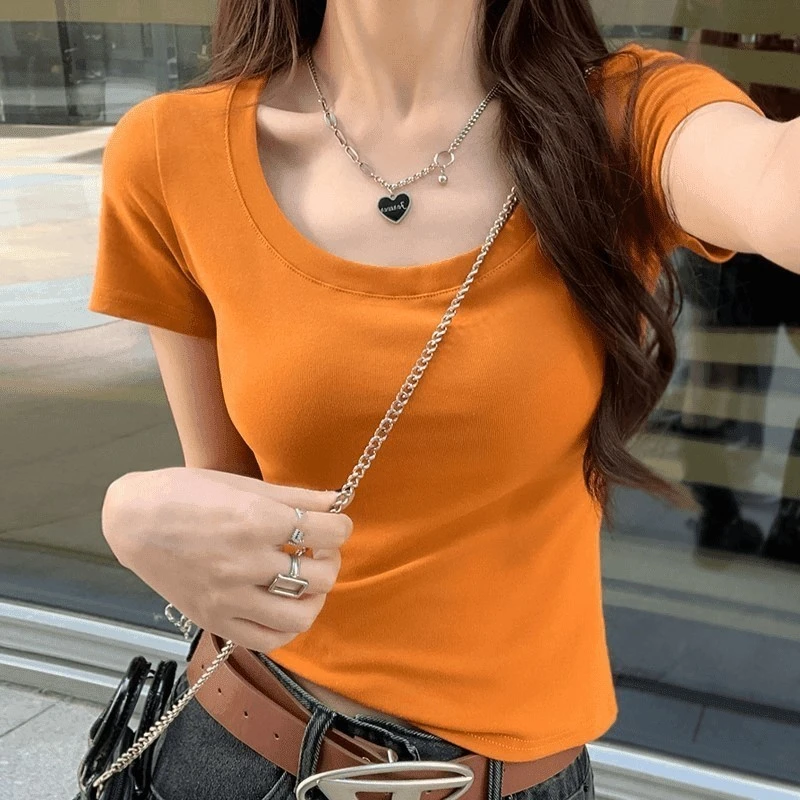 夏季短款U领紧身短袖T恤女百搭显瘦白色设计感高考毕业季纯色上衣