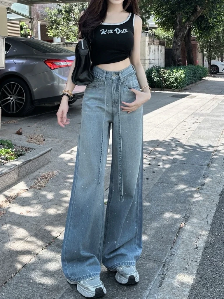 【现货发✈️+运费险】新时尚烫钻满天星阔腿牛仔裤女宽松显瘦直筒裤