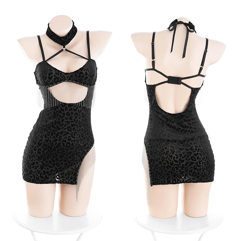 【约会战袍】豹纹挖空流苏包臀裙睡衣套装