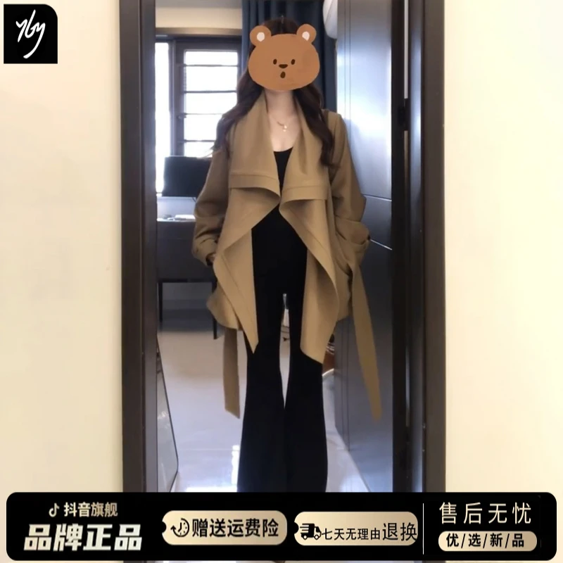 2025秋季新款卡其色气质短款风衣女宽松翻领系带超好看高级感外套