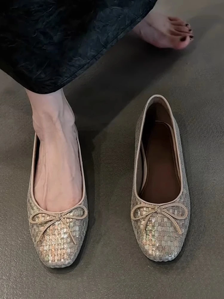 羊皮版~法式复古蝴蝶结编织平底芭蕾舞鞋女韩版软皮百搭浅口单鞋
