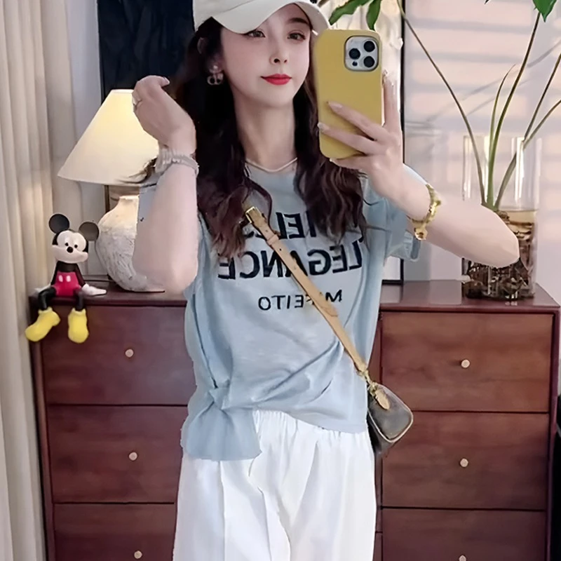 韩版时尚休闲短袖T恤女2025新款夏季不规则收腰显瘦小飞袖上衣